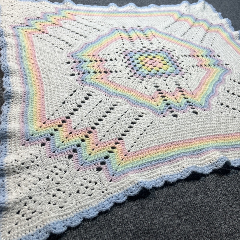 Vtg 80s Pastel Rainbow Crochet Baby Blanket Afghan Geometric Grandmacore 30x30 - Picture 5 of 6